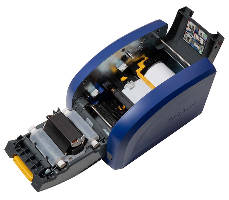 Der i5300 Brady-Drucker. Die Klappe ist geöffnet, sodass die Komponenten im Inneren sichtbar sind.