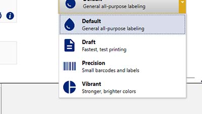 Brady Workstation-Software zeigt eine Auswahlliste mit verschiedenen Druckmethoden, wie „Entwurf“, „Präzision“ oder „Brillant“.