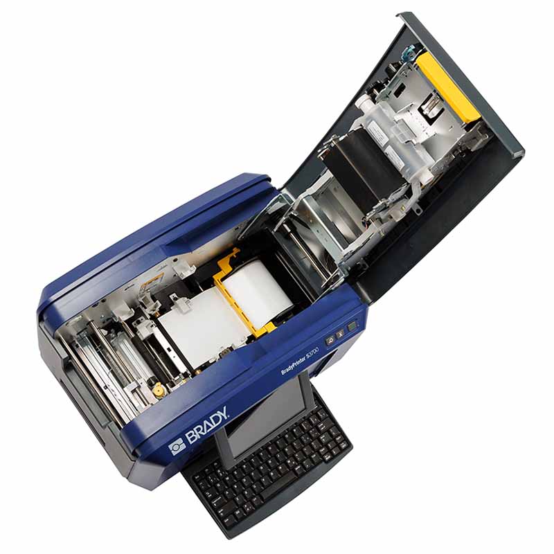 Der S3700 Brady-Drucker. Die Klappe ist geöffnet, sodass die Komponenten im Inneren sichtbar sind.
