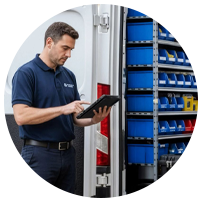 Monteur mit geöffnetem Lieferwagen im Hintergrund