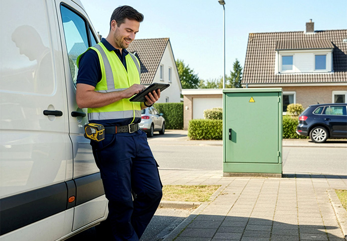 Elektriker mit Smartphone in der Nähe des Lieferwagens